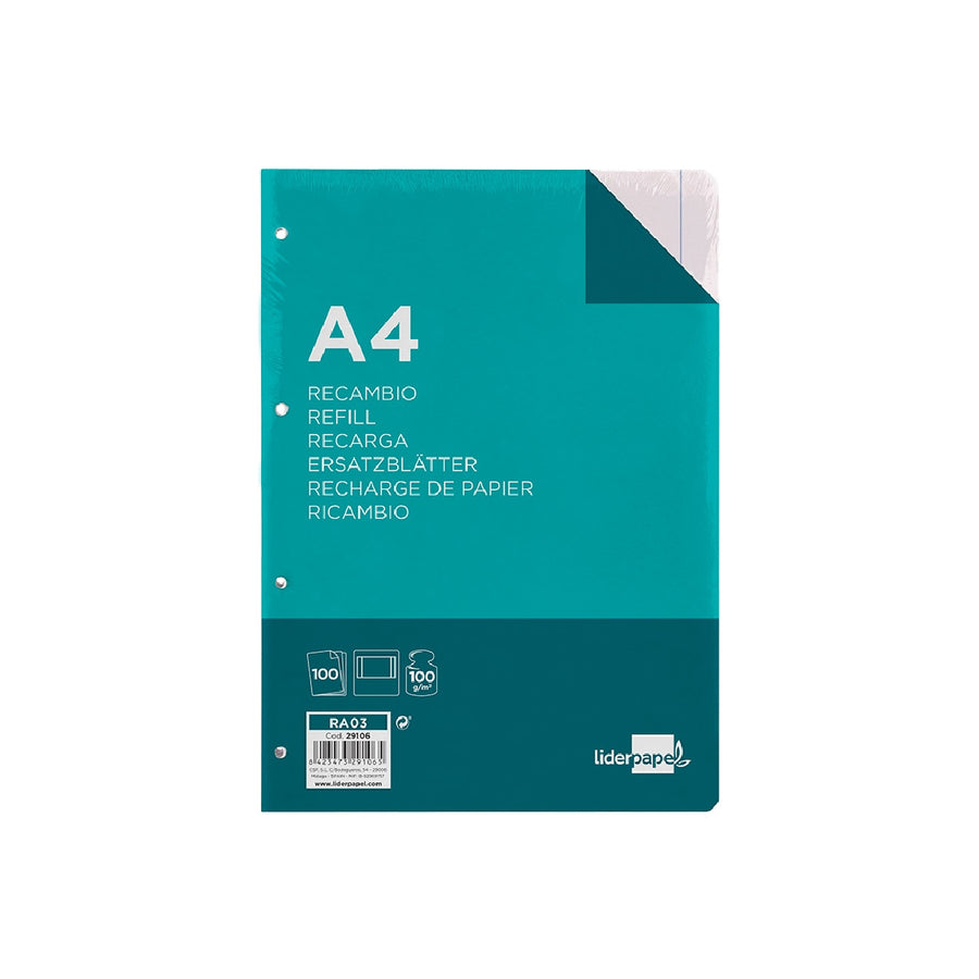 LIDERPAPEL - Recambio Liderpapel A4 100 Hojas 100g/M2 Liso Con Margen 4 Taladros