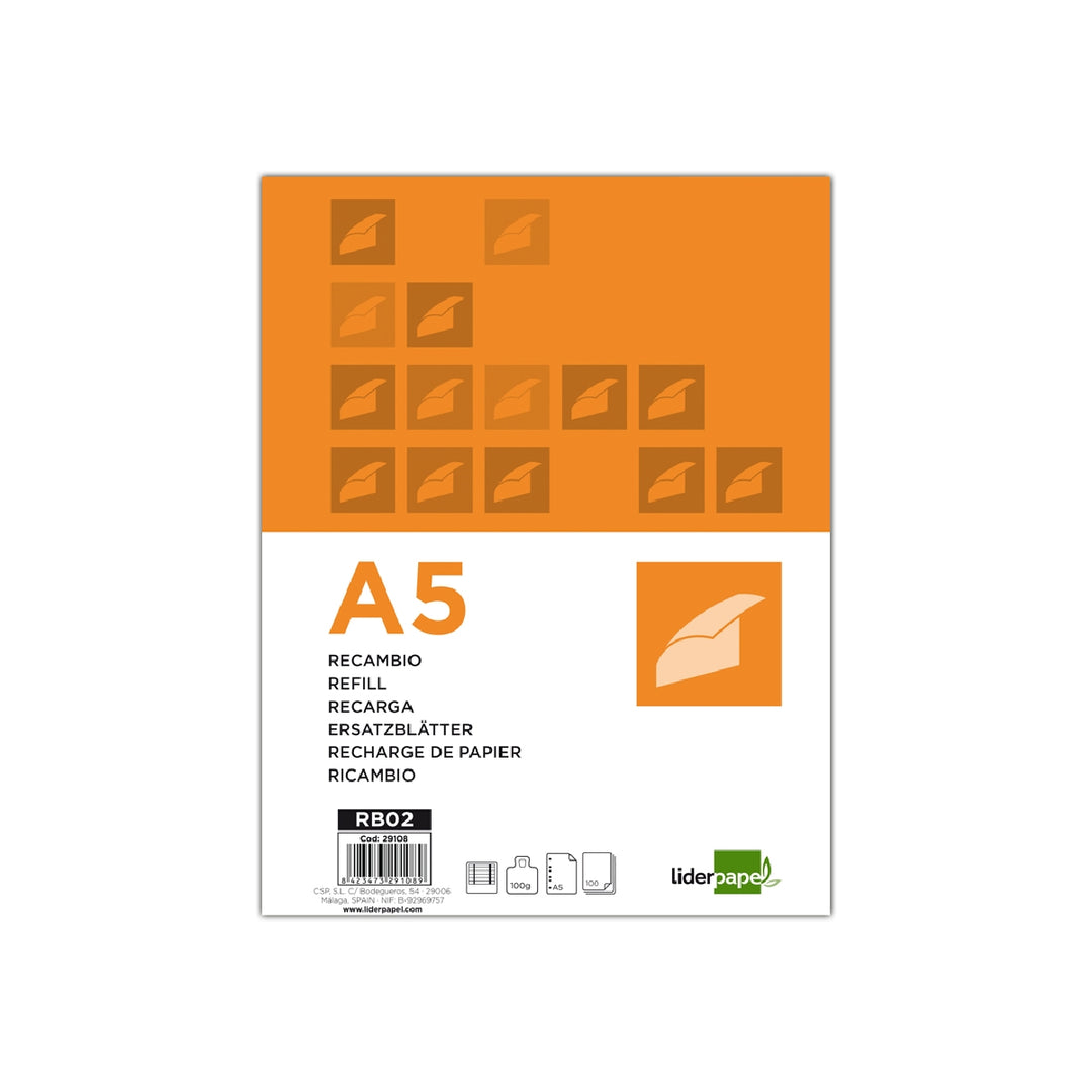 LIDERPAPEL - Recambio Liderpapel A5 100 H 100g/M2 Horizontal Con Margen 6 Taladros