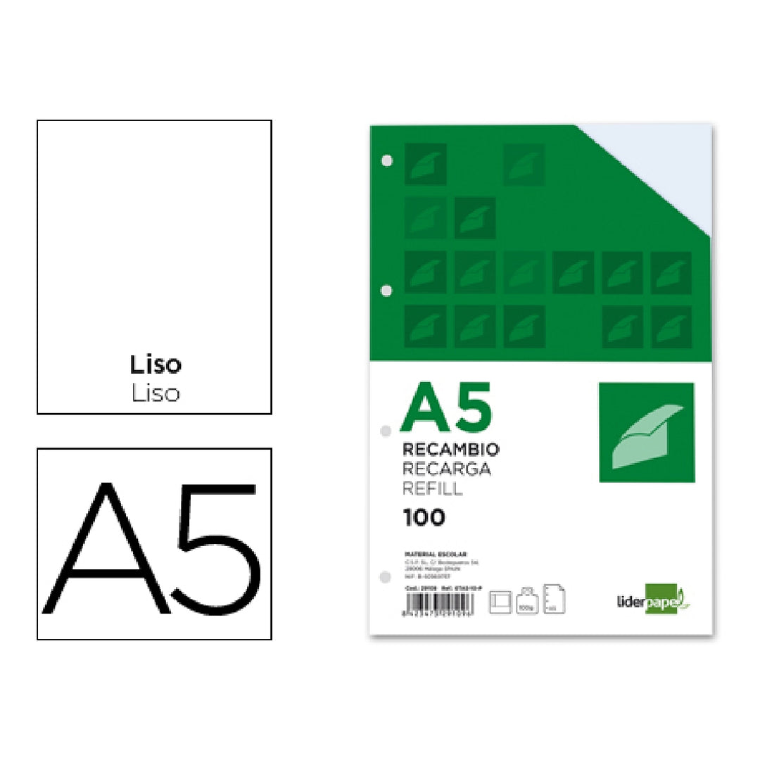 LIDERPAPEL - Recambio Liderpapel A5 100 H 100g/M2 Liso Con Margen 6 Taladros