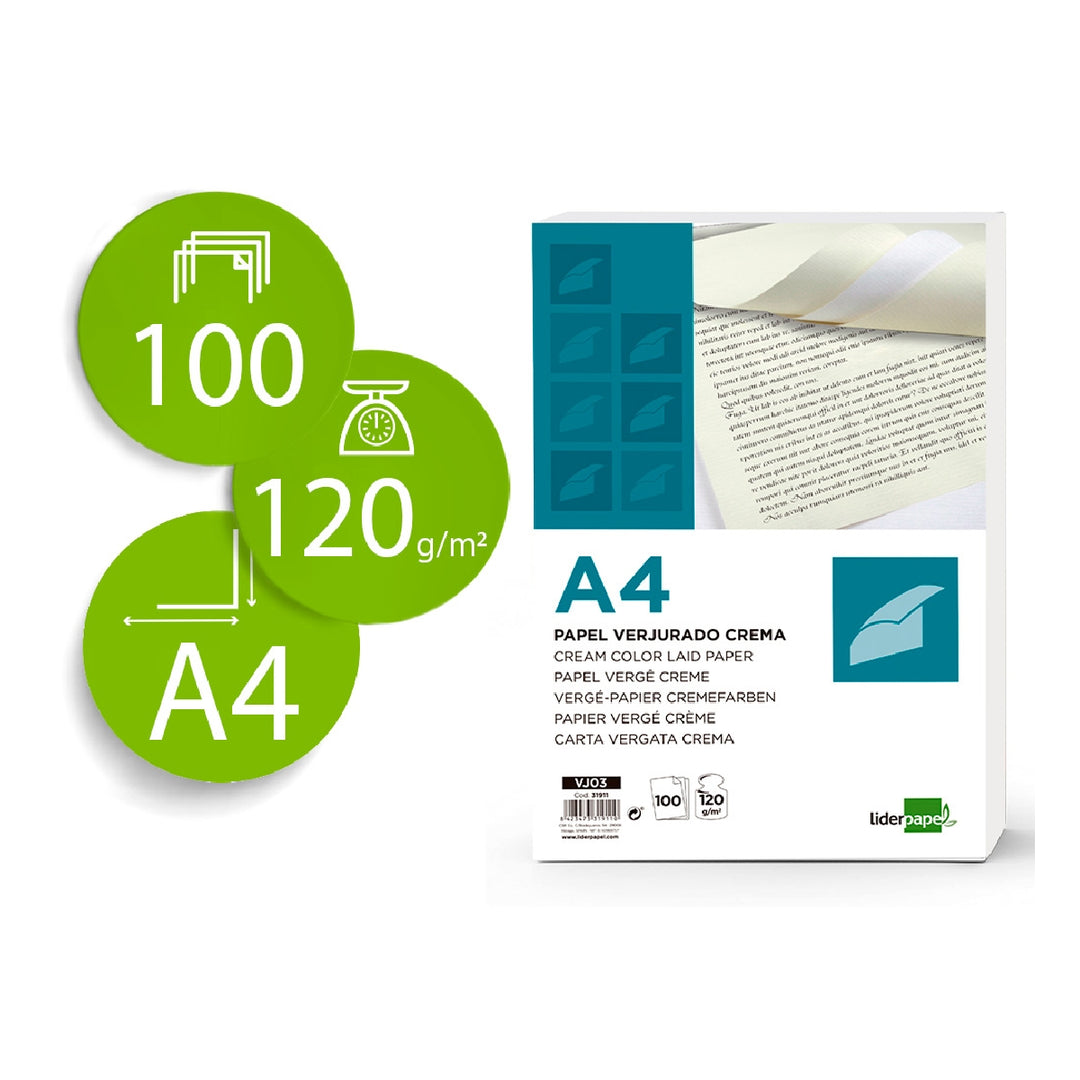 LIDERPAPEL - Papel Verjurado Liderpapel A4 120g/M2 Crema Paquete de 100 Hojas