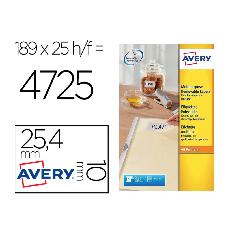 AVERY - Etiqueta Adhesiva Avery Removible Tamano 25.4x10 mm Caja de 4725 Unidades