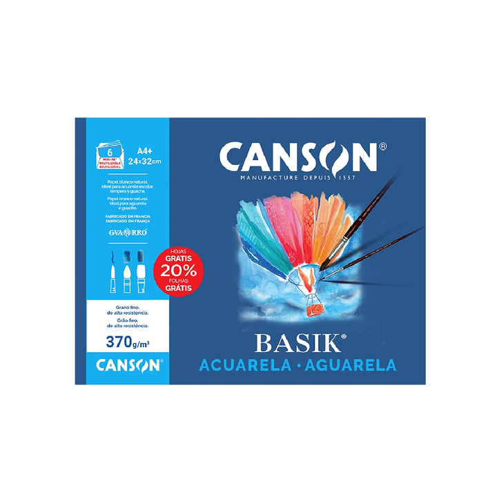 CANSON - Papel Acuarela Basik Canson Din A4+ 370 GR Pack de 6 Hojas