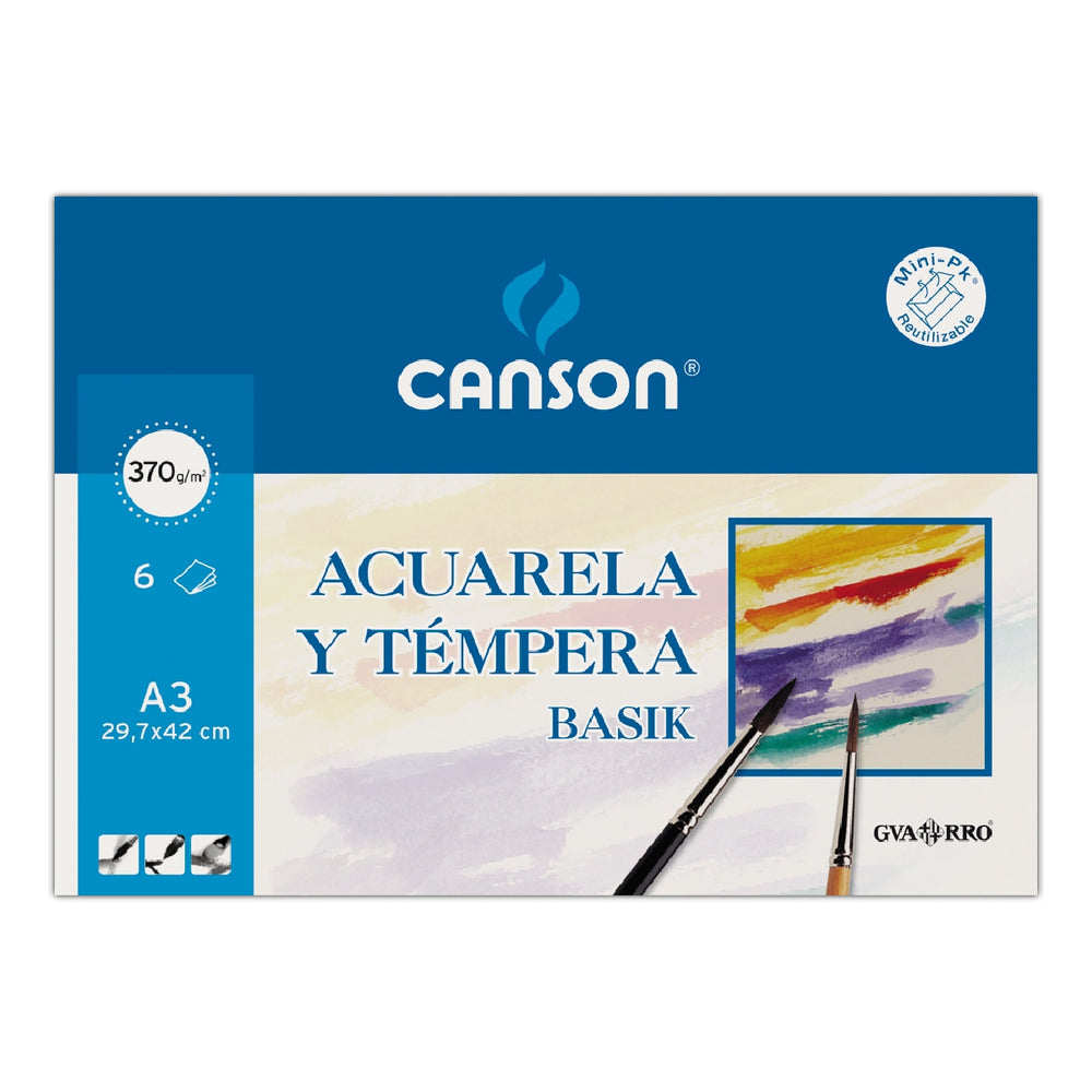CANSON - Papel Acuarela Basik Canson Din A3 370 GR Pack de 6 Hojas