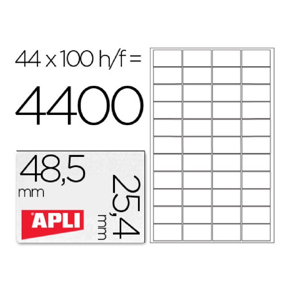 APLI - Etiqueta Adhesiva Apli 1285 Tamano 48.5x25.4 mm Para Fotocopiadora Laser Ink-Jet Caja Con 100 Hojas Din A4