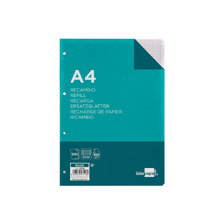 LIDERPAPEL - Recambio Liderpapel A4 100 Hojas 100g/M2 Cuadro 4mm Con Margen 4 Taladros