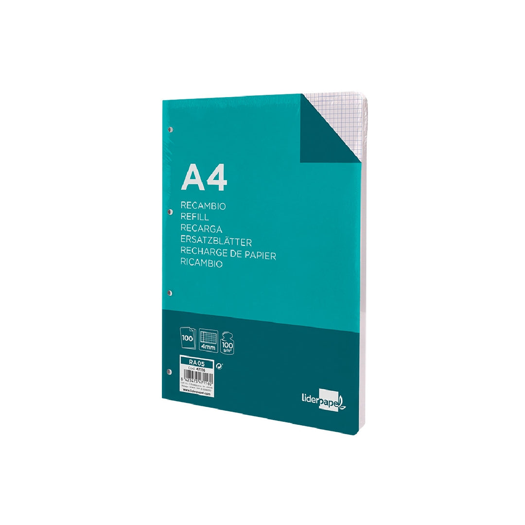 LIDERPAPEL - Recambio Liderpapel A4 100 Hojas 100g/M2 Cuadro 4mm Con Margen 4 Taladros