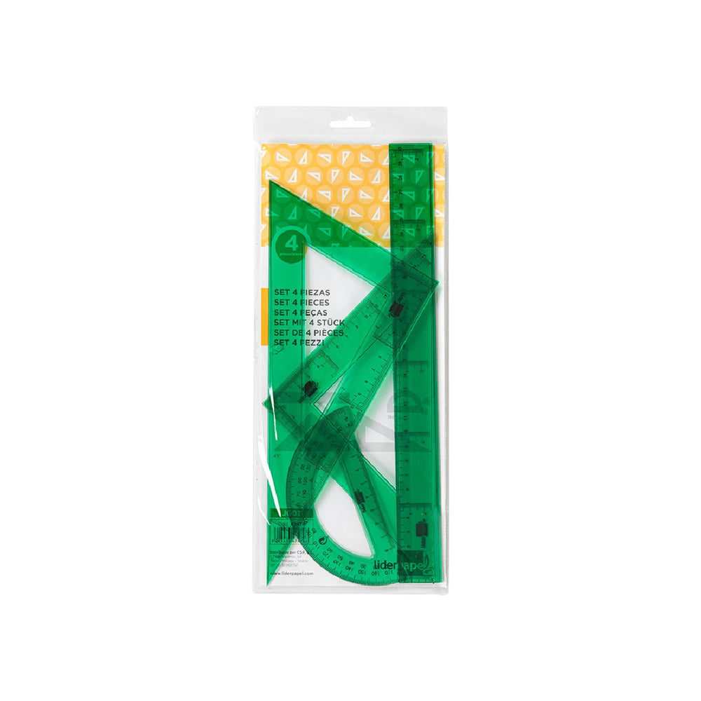 LIDERPAPEL - Juego Escuadra Cartabon Regla 30 cm y Semicirculo en Petaca Liderpapel Verde