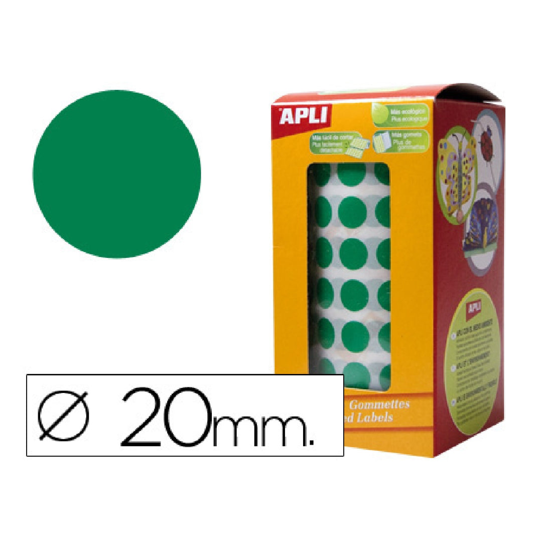 APLI - Gomets Autoadhesivos Circulares 20mm Verde Rollo de 1770 Unidades