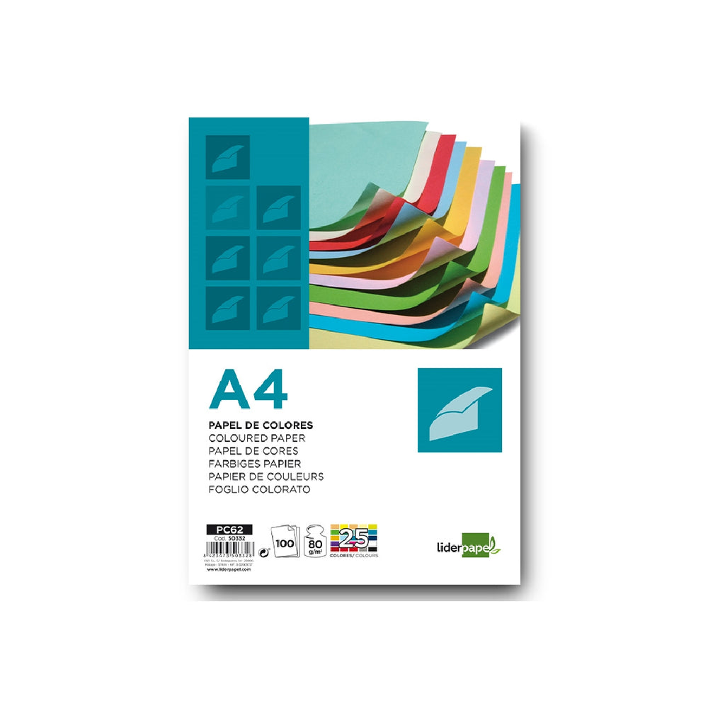 LIDERPAPEL - Papel Color Liderpapel A4 80g/M2 25 Colores Surtidos Paquete de 100