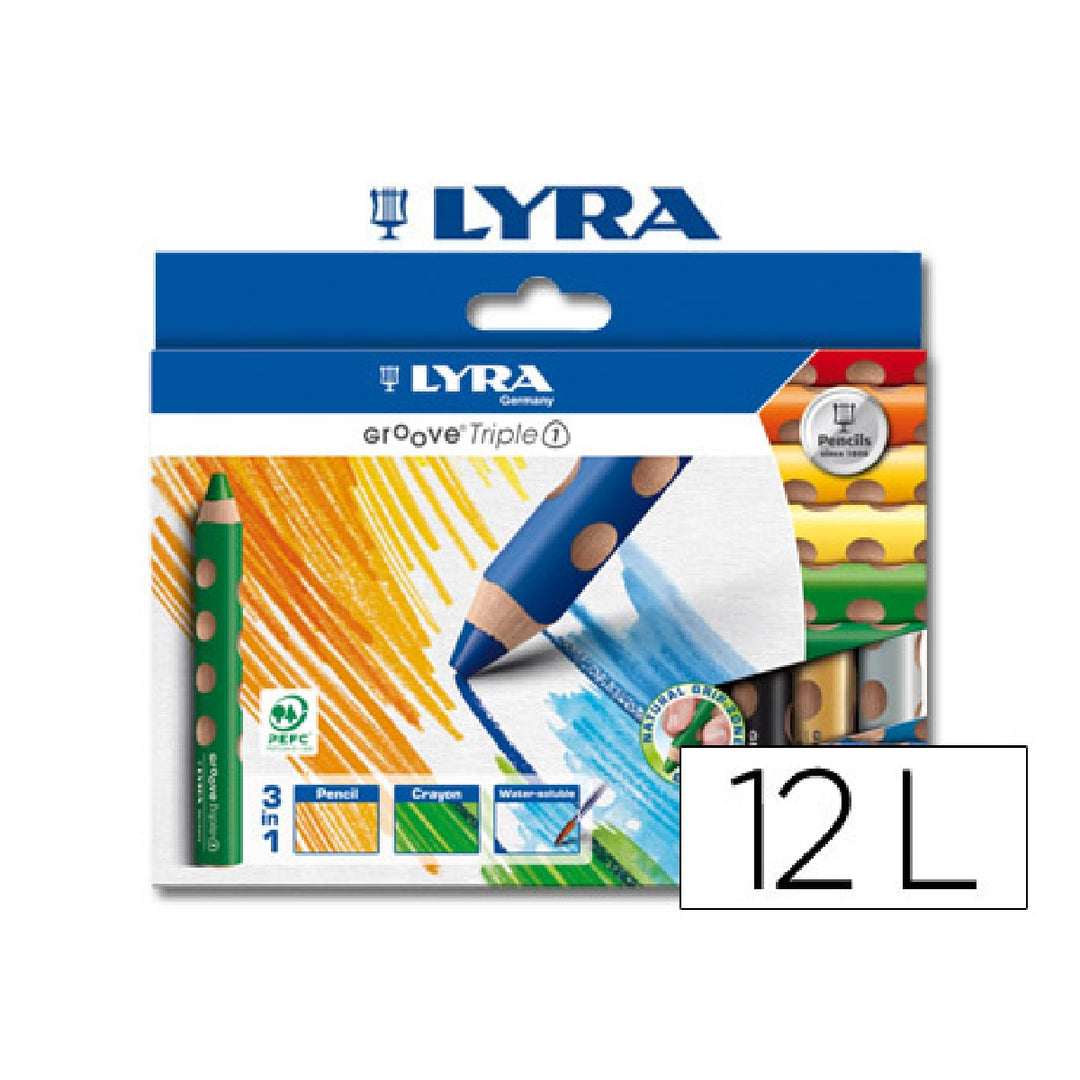 LYRA - Lapices de Colores Acuarelables Lyra Groove Triangular Minas 10 mm Caja de 12 Colores Surtidos