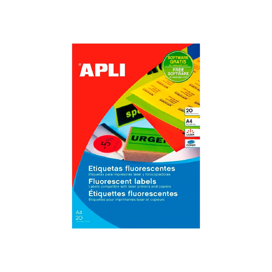 APLI - Etiqueta Adhesiva Apli 02878 Tamano 210x297 mm Para Laser Fotocopiadora Ink-Jet Caja Con20 Hojas Din A4 Amarillo