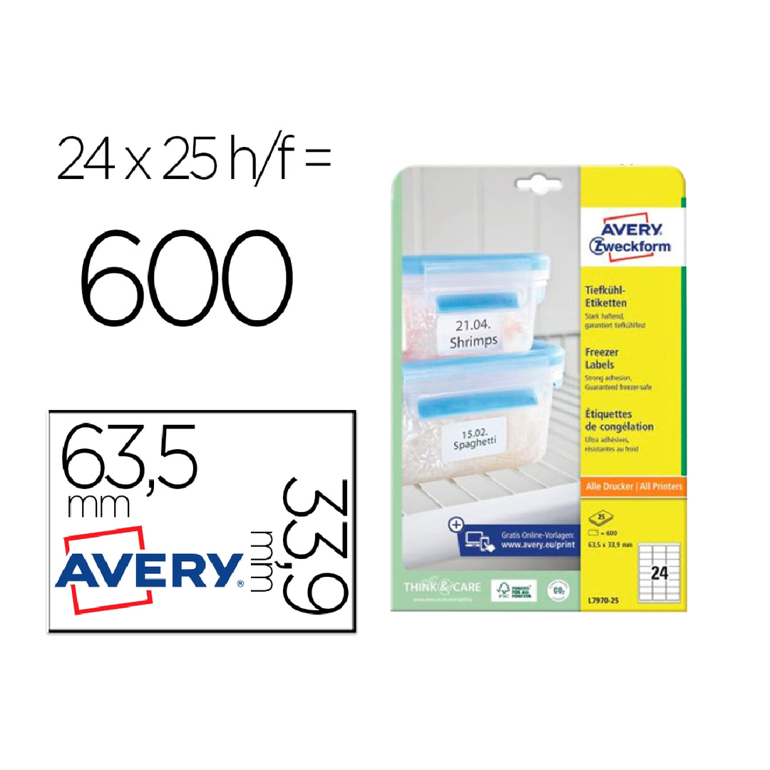 AVERY - Etiqueta Adhesiva Avery Para Congelador Blanca 63.5x33.9 mm Ink-Jet Laser Fotocopiadorapack de 600 Unidades