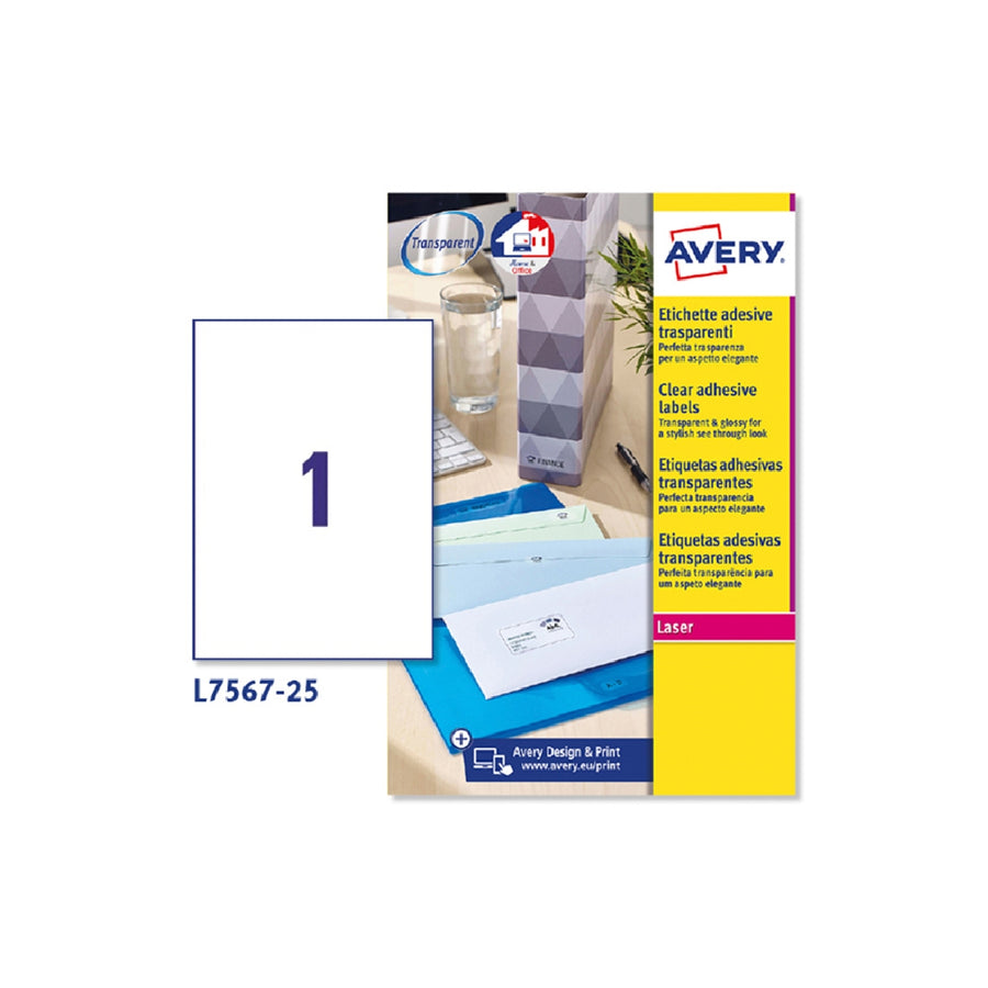 AVERY - Etiqueta Adhesivas Resistente Avery Transparente 210x297 mm Caja de 25 Unidades