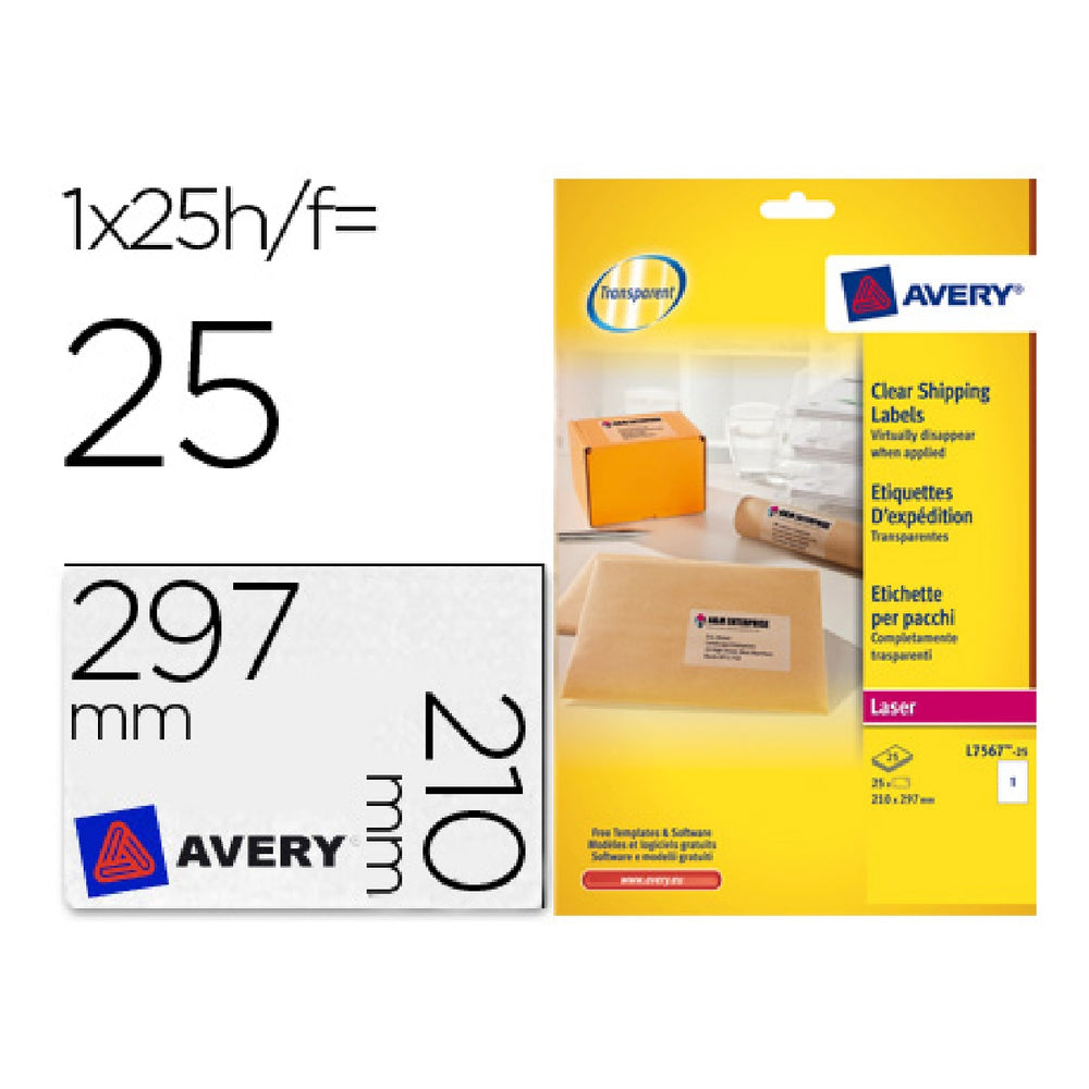AVERY - Etiqueta Adhesivas Resistente Avery Transparente 210x297 mm Caja de 25 Unidades