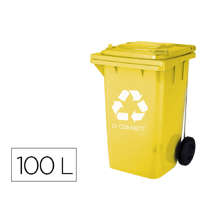 Q-CONNECT - Papelera Contenedor Q-Connect Plastico Amarillo Para Plasticos y Envases Metalicos 100l Con Tapa y Ruedas 750x470x370 mm