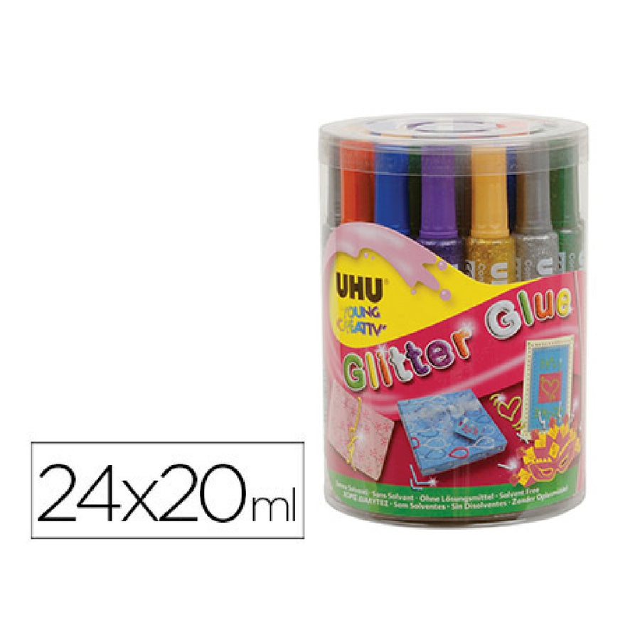 UHU - Purpurina Pegamento Uhu Glitter Glue Mix Bote 24 Unidades Colores Surtidos 20 ML