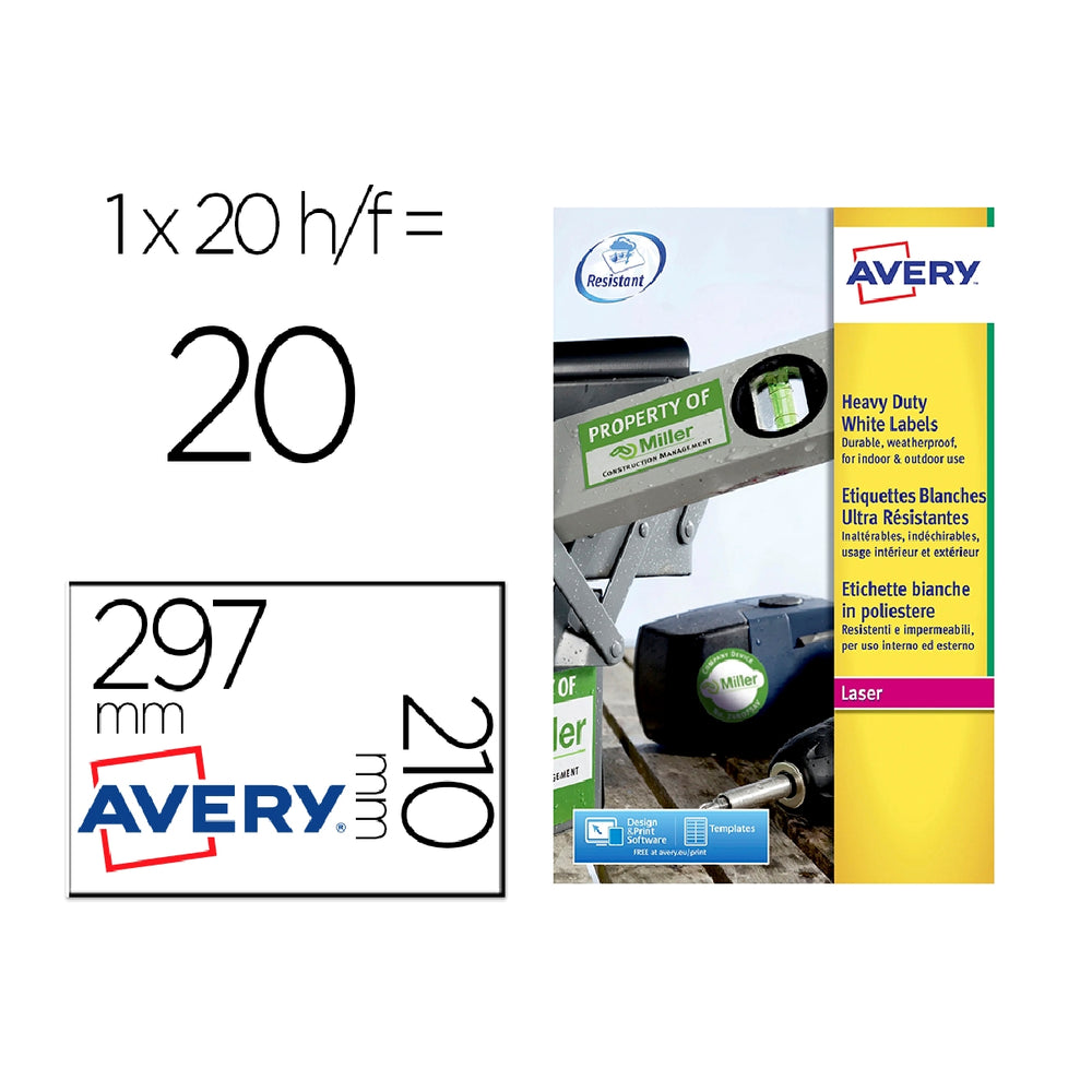AVERY - Etiqueta Adhesiva Resistente Avery Poliester Blanca 210x297 mm Laser Pack de 20 Unidades