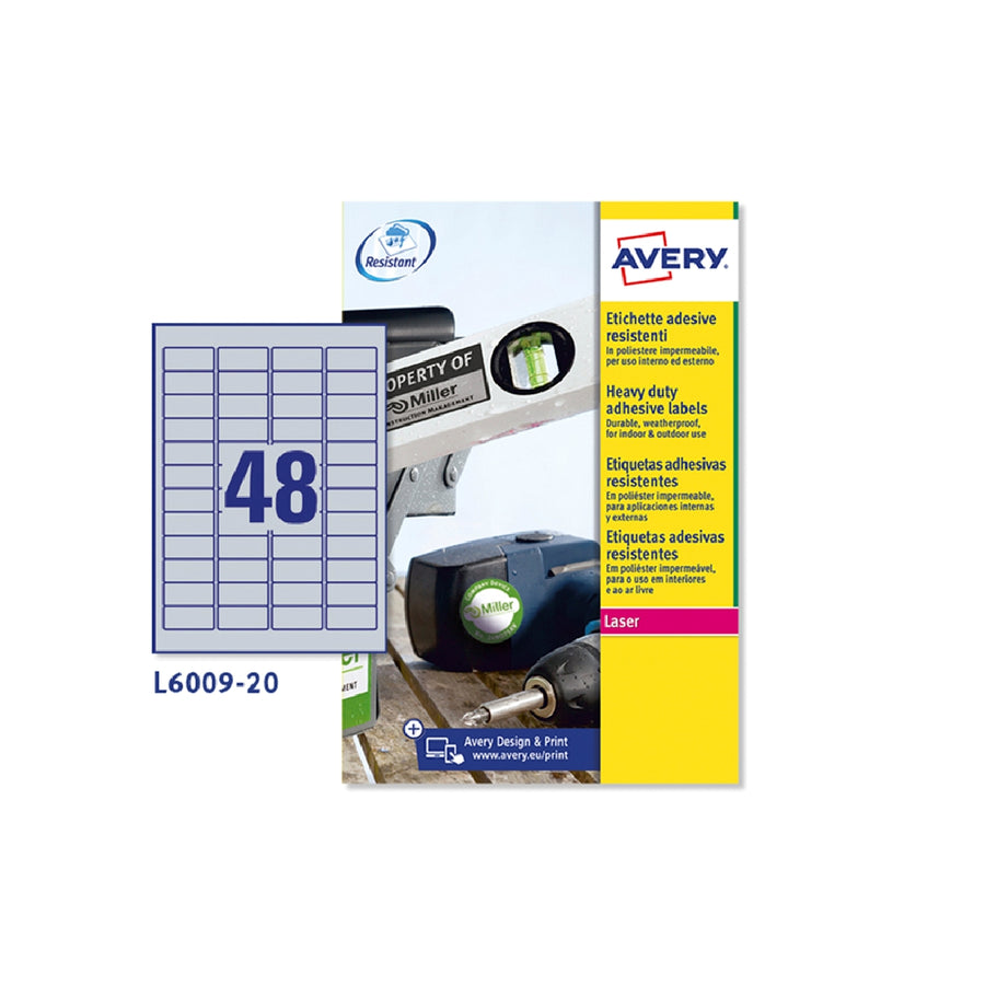 AVERY - Etiqueta Adhesiva Resistente Avery Poliester Plata 1.2 mm 45.7x21.2 mm Laser Pack de 960unidades
