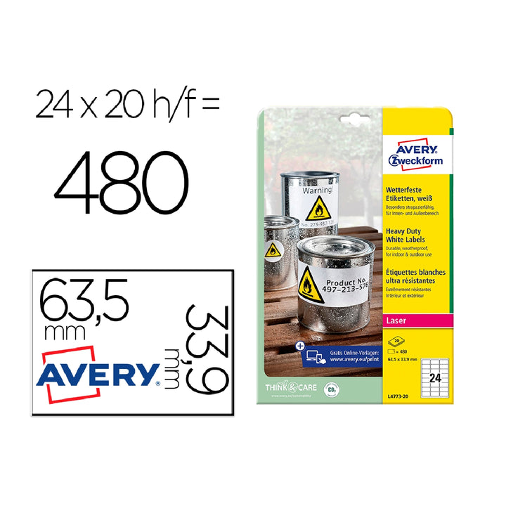 AVERY - Etiqueta Adhesiva Resistente Avery Poliester Blanco 3.9 mm 63.5x33.9 mm Laser Pack de 480unidades