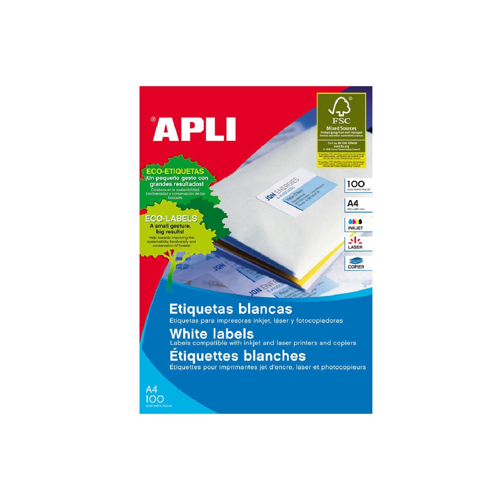 APLI - Etiqueta Adhesiva Apli 1295 Tamano 70x50.8 mm Fotocopiadora Laser Ink-Jet Caja Con 100 Hojas Din A4