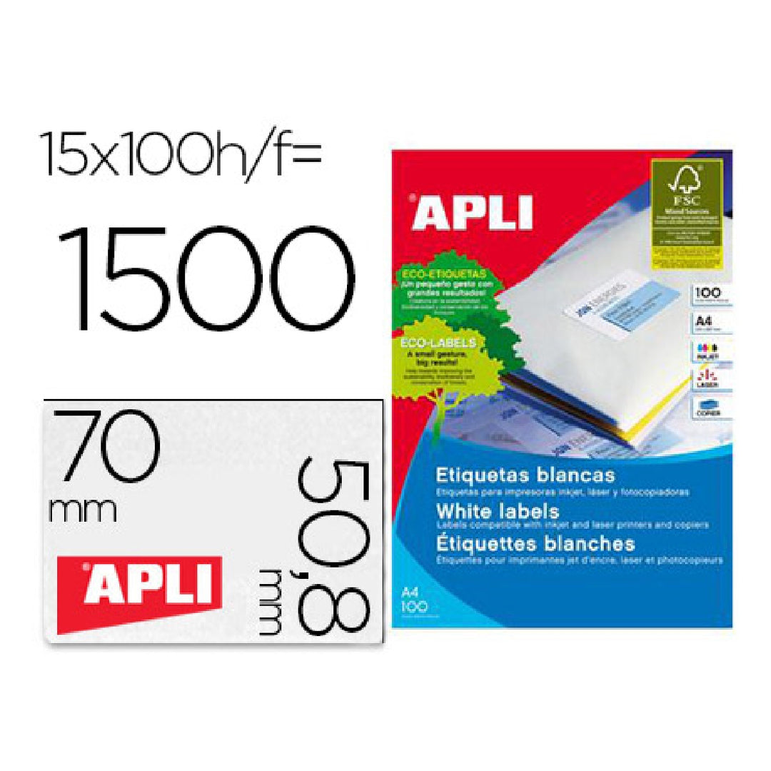 APLI - Etiqueta Adhesiva Apli 1295 Tamano 70x50.8 mm Fotocopiadora Laser Ink-Jet Caja Con 100 Hojas Din A4