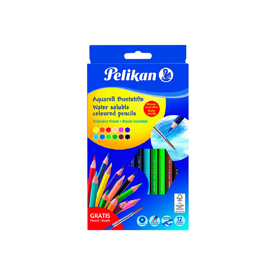 PELIKAN - Lapices de Colores Pelikan Hexagonales Acuarelables Mina 3mm Caja de 12 Colores Surtidos