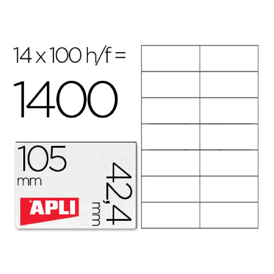 APLI - Etiqueta Adhesiva Apli 1277 Tamano 105x42.4 mm -Fotocopiadora -Laser e Inkjet-Caja Con 1400 Etiquetas