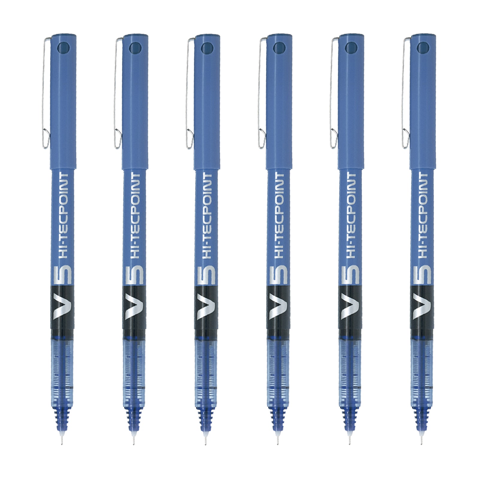 PILOT - Set de 6 Bolígrafos Roller V5 HI-TECPOINT Punta Extra Fina 0.5 mm. Azul