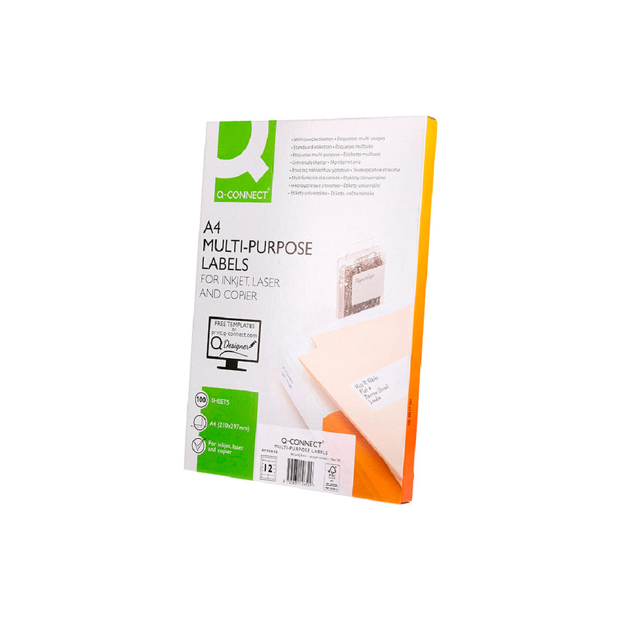 Q-CONNECT KF10652 - Caja 100 Hojas DIN A4 de 12 Etiquetas Adhesivas 96.5x42.3 mm Copia Laser InkJet Blancas