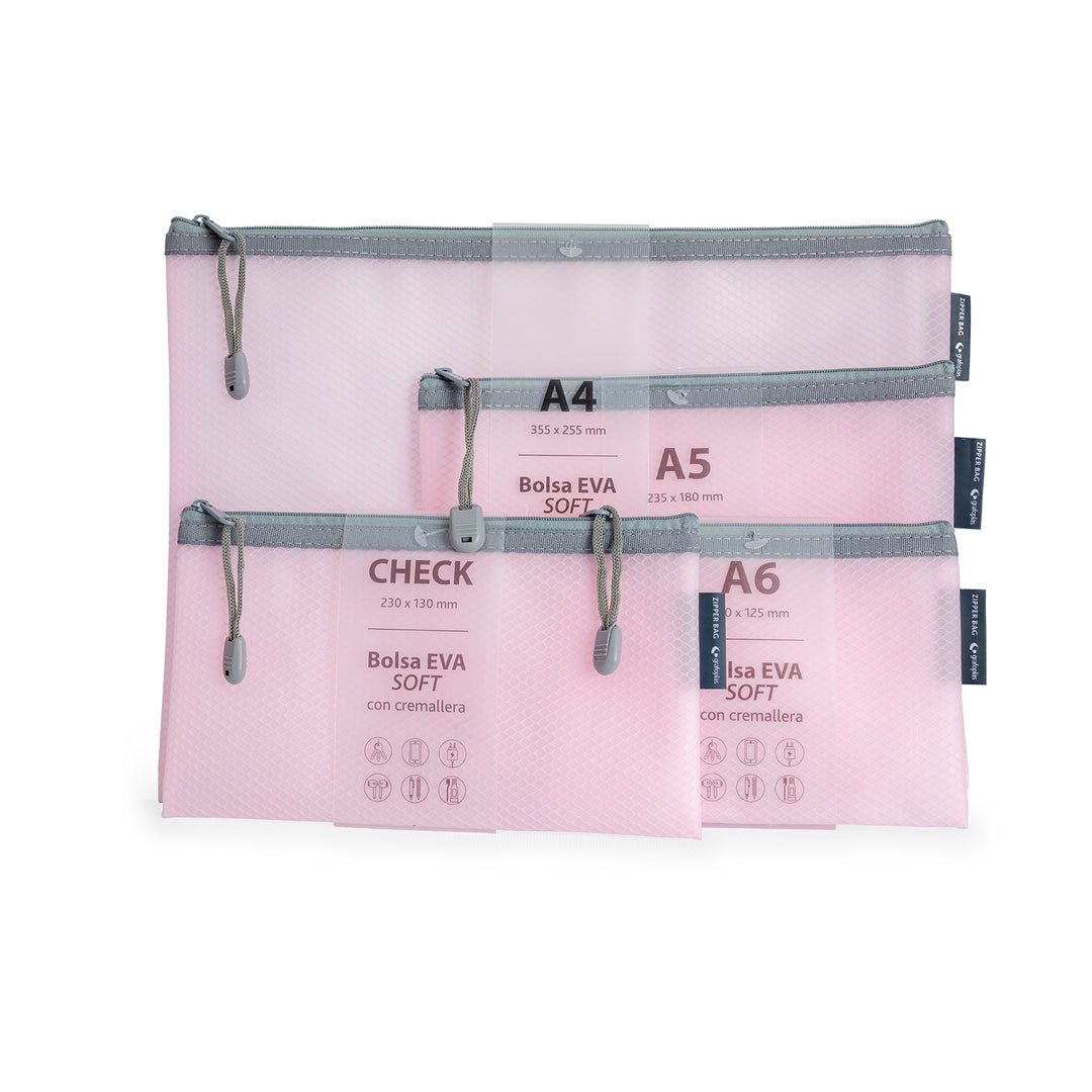 Grafoplás - Pack de 4 Bolsas Zipper con Cremallera Eva Soft Multiusos. Rosa Soft