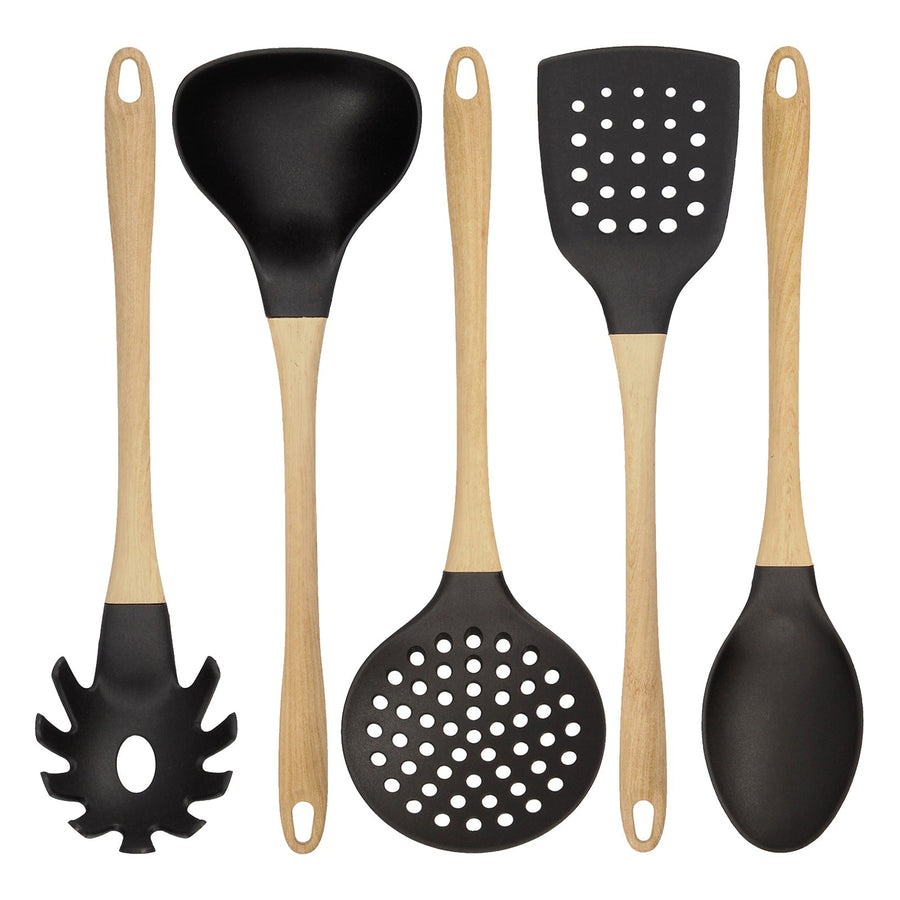 QUID Baobab - Juego de 5 Utensilios de Cocina en Nylon y Mango Madera Soft Touch