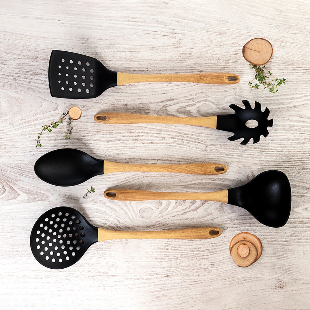 QUID Baobab - Juego de 5 Utensilios de Cocina en Nylon y Mango Madera Soft Touch