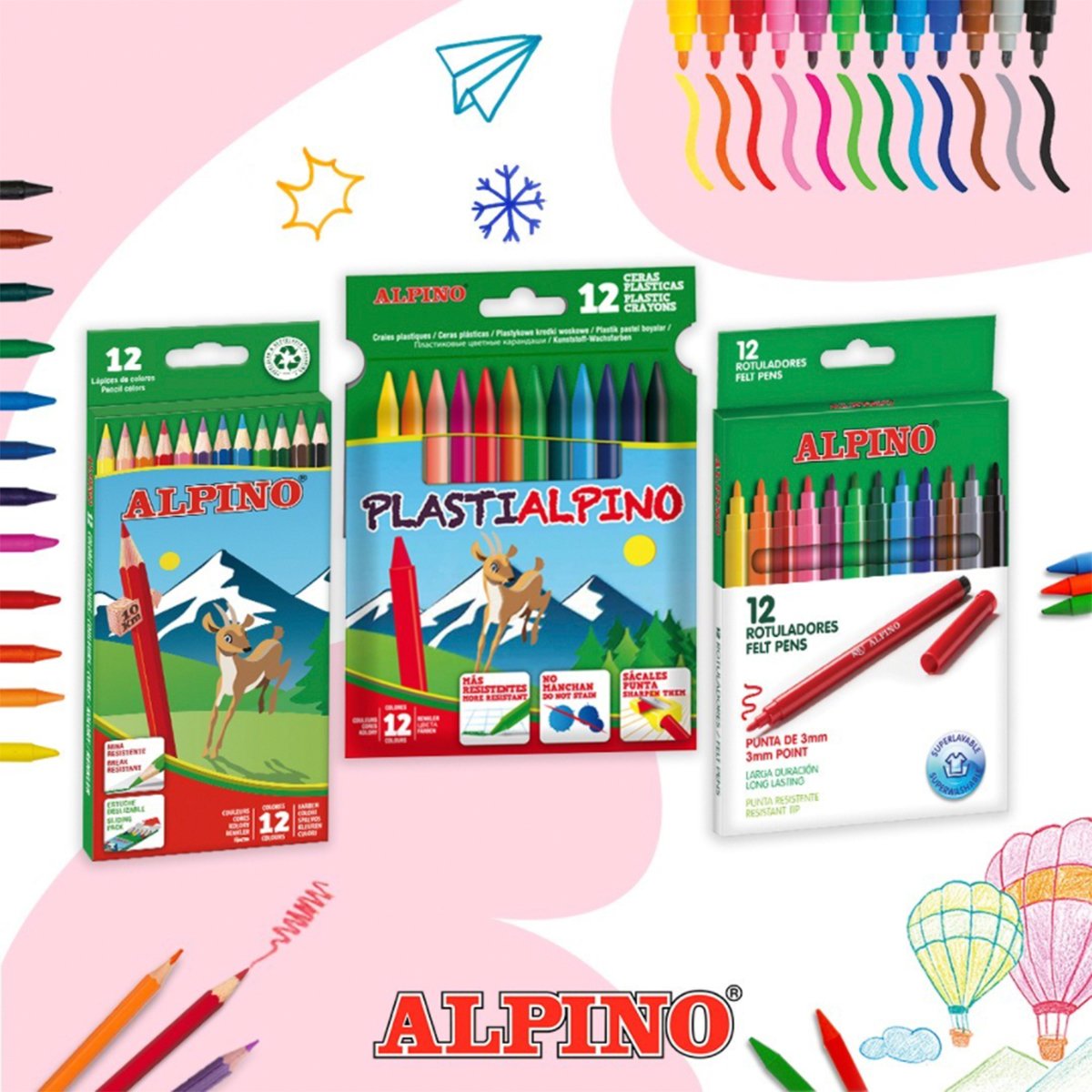 Rotuladores Alpino Standard 12 Colores Pack Promo 12 Cajas Rotuladores + 6  Cajas Lapices Plastialpino 12 — Firpack