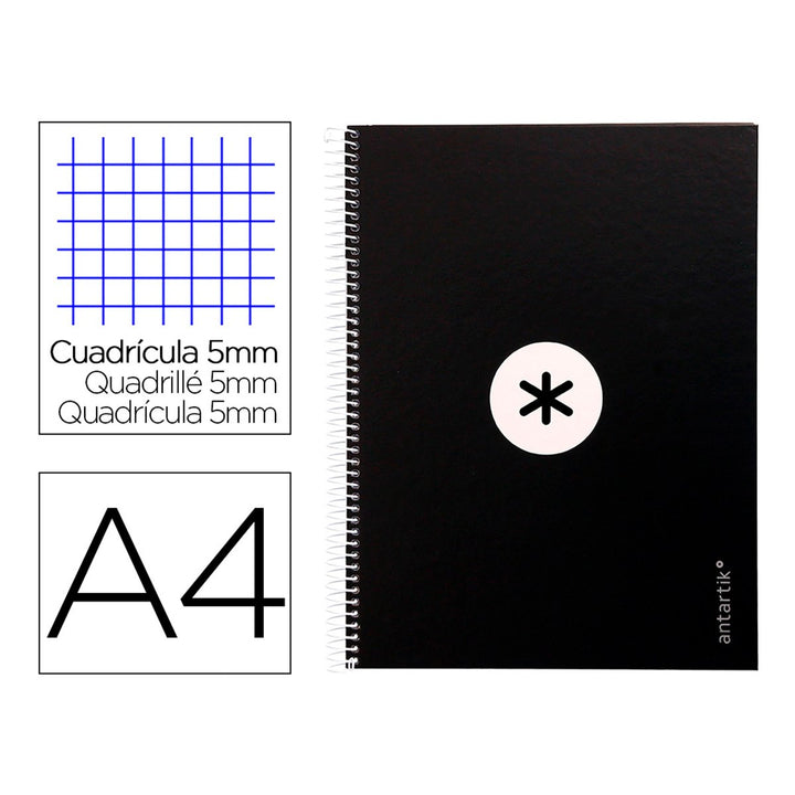 Antartik - Libreta Microperforada A4 con Espiral y Tapa Dura. 1 Banda de Color. Negro