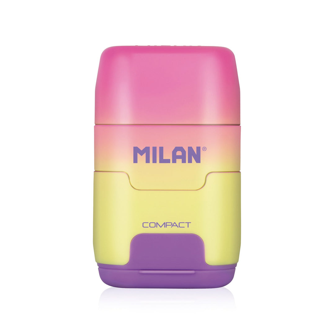 MILAN Sunset - Caja Expositora Afilaborra Compact. Combinación de Goma y Sacapuntas Doble. Colores Surtidos