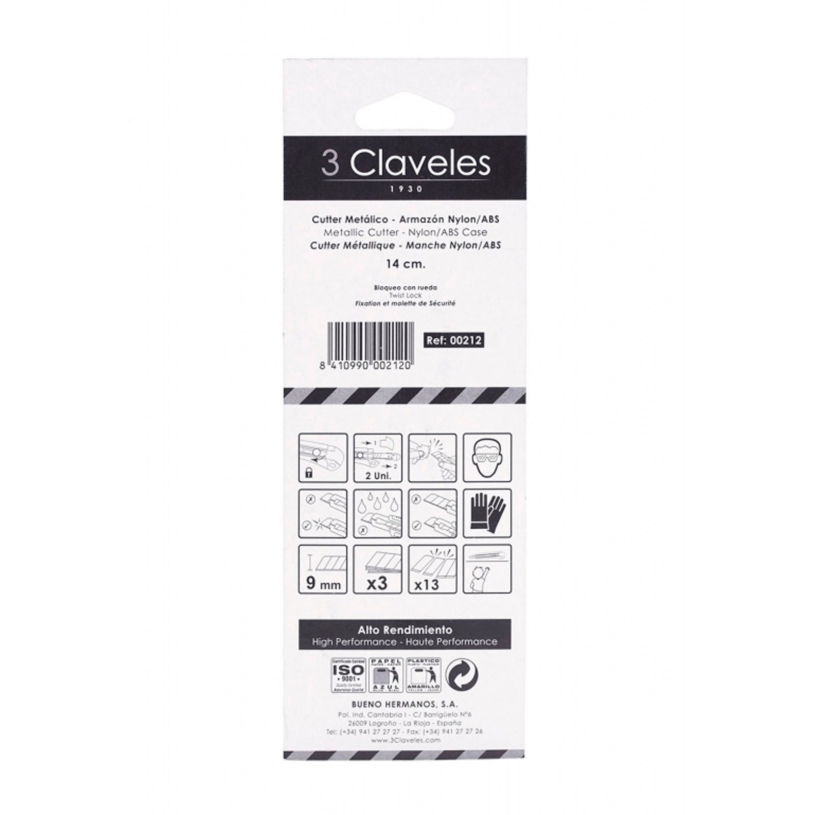 3 Claveles 00212 - Cutter Alto Rendimiento Metálico con Armazón Nylon/ABS