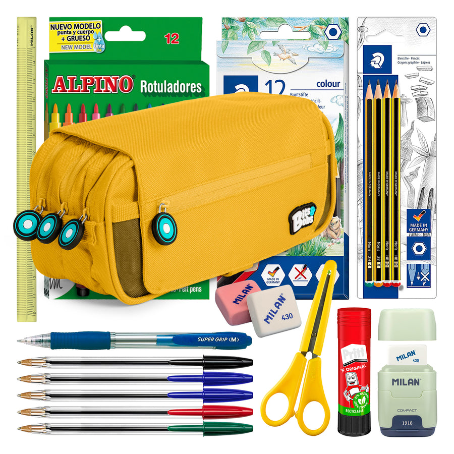 ColePack BitsBobs - Estuche Triple de 3 Cremalleras con Material Escolar Incluido. Amarillo