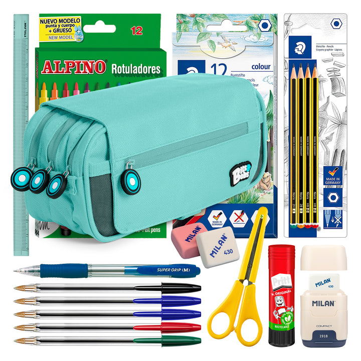 ColePack BitsBobs - Estuche Triple de 3 Cremalleras con Material Escolar Incluido. Azul Claro