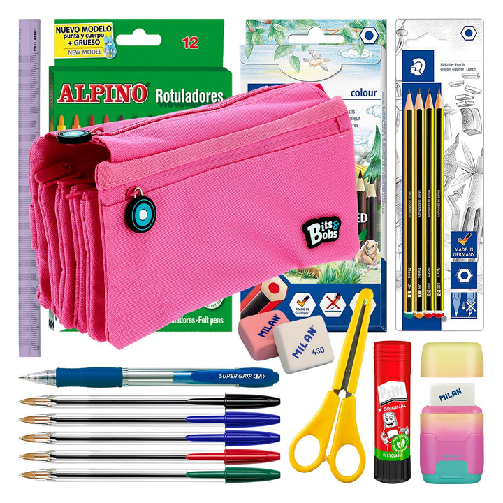 ColePack 2022 - Estuche Escolar Cuádruple de 4 Cremalleras y Material Incluido. Fucsia