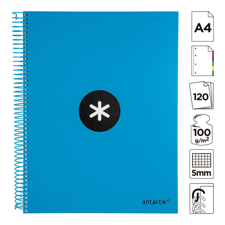 Antartik - Libreta Microperforada A4 con Espiral y Tapa Dura. 5 Bandas de Colores. Azul