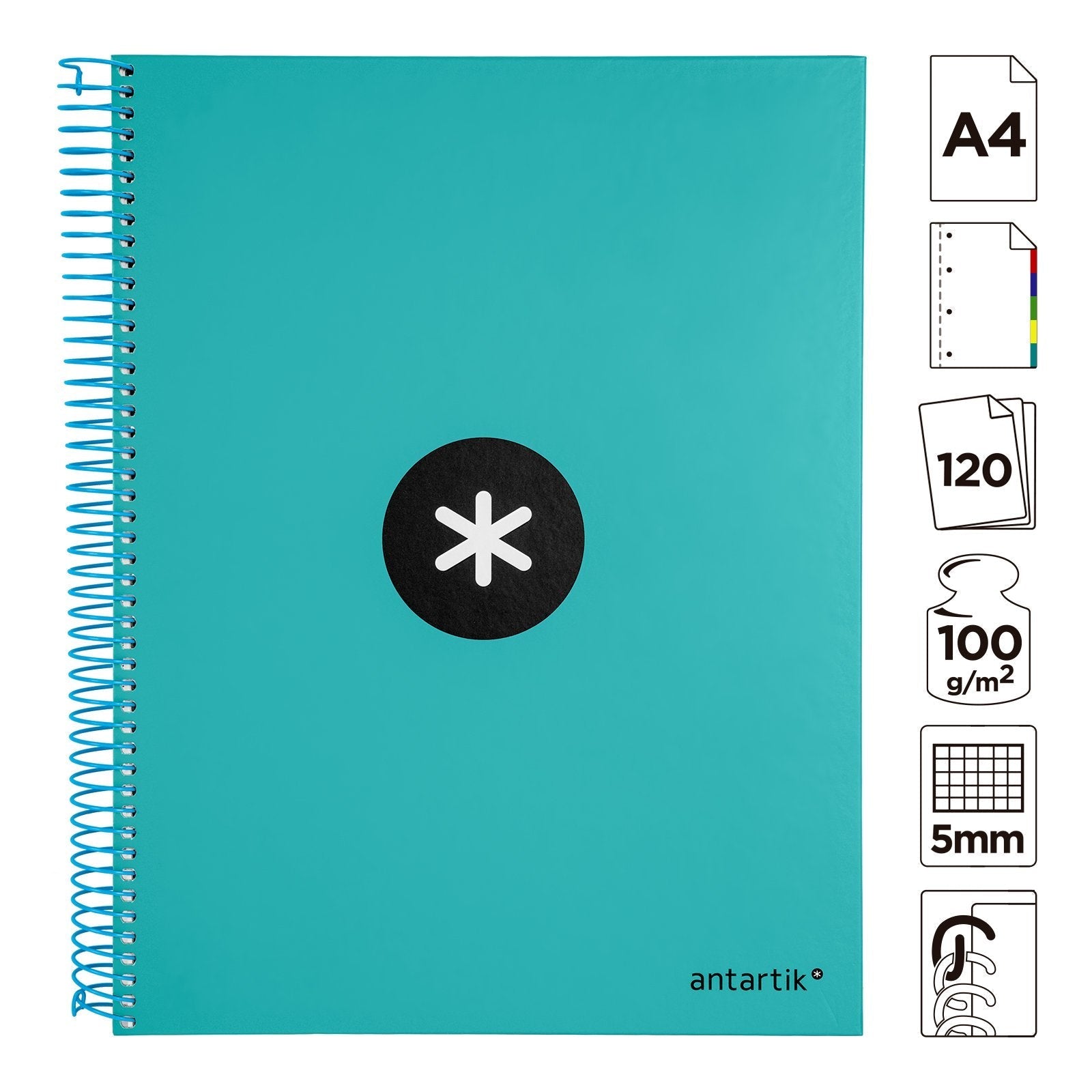 Antartik - Cuaderno Espiral A4 Micro Tapa Dura 120h 100gr Cuadro 5mm 5 Bandas 4 Tal.