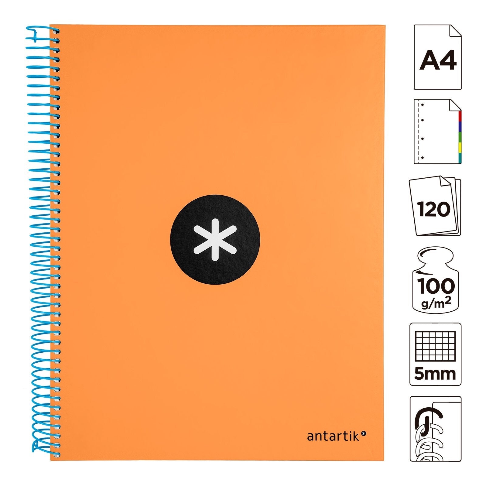 Antartik - Libreta Microperforada A4 con Espiral y Tapa Dura. 5 Bandas de Colores. Naranja