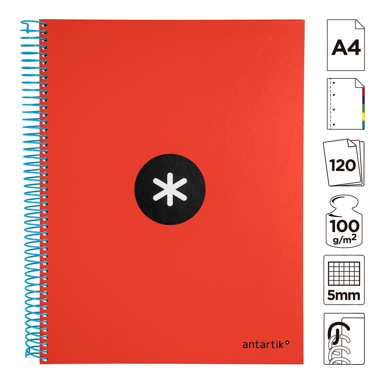 Antartik - Libreta Microperforada A4 con Espiral y Tapa Dura. 5 Bandas de Colores. Rojo