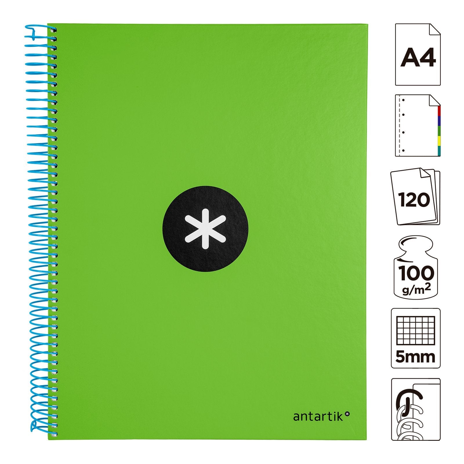 Antartik - Libreta Microperforada A4 con Espiral y Tapa Dura. 5 Bandas de Colores. Verde