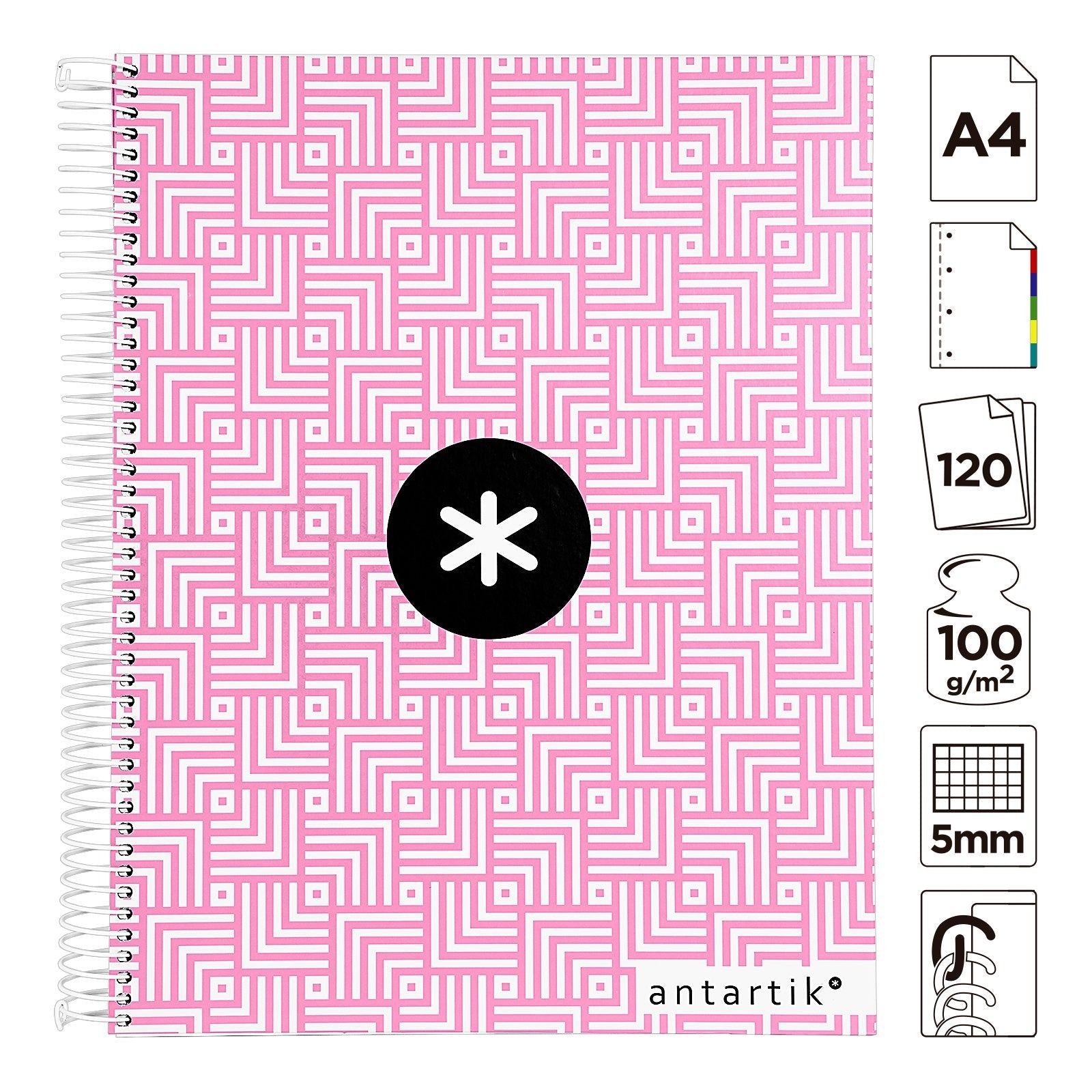 Antartik Trending - Libreta Cuadriculada A4 con Espiral y Tapa Dura. 5 Bandas de Colores. Rosa