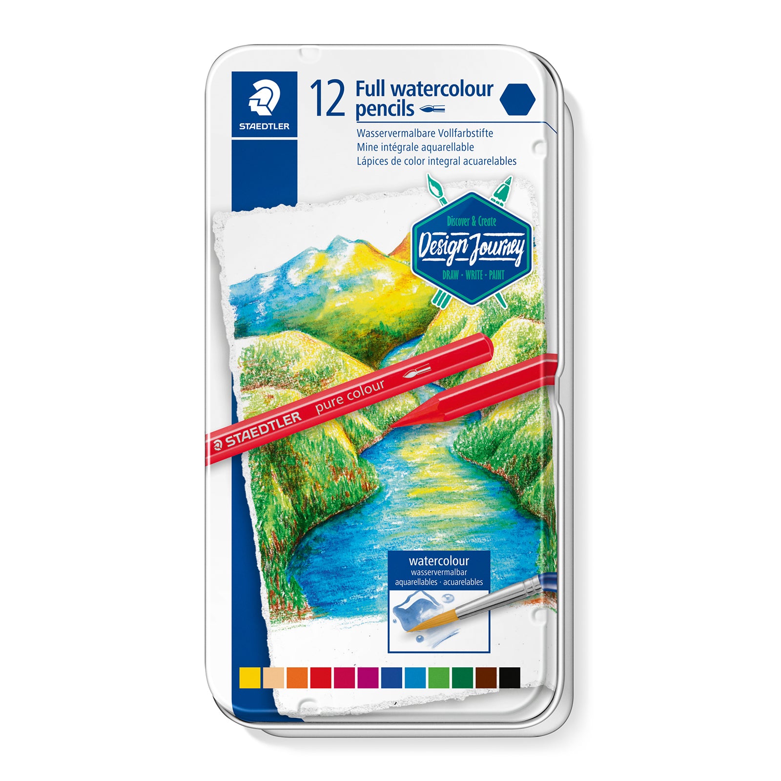 STAEDTLER Design Journey - Caja Metálica con 12 Lápices de Colores Acuarelables
