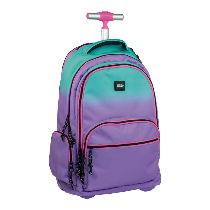 MILAN Sunset - Mochila Escolar de 6 Cremalleras con Ruedas. Capacidad 25L. Lila-Turquesa