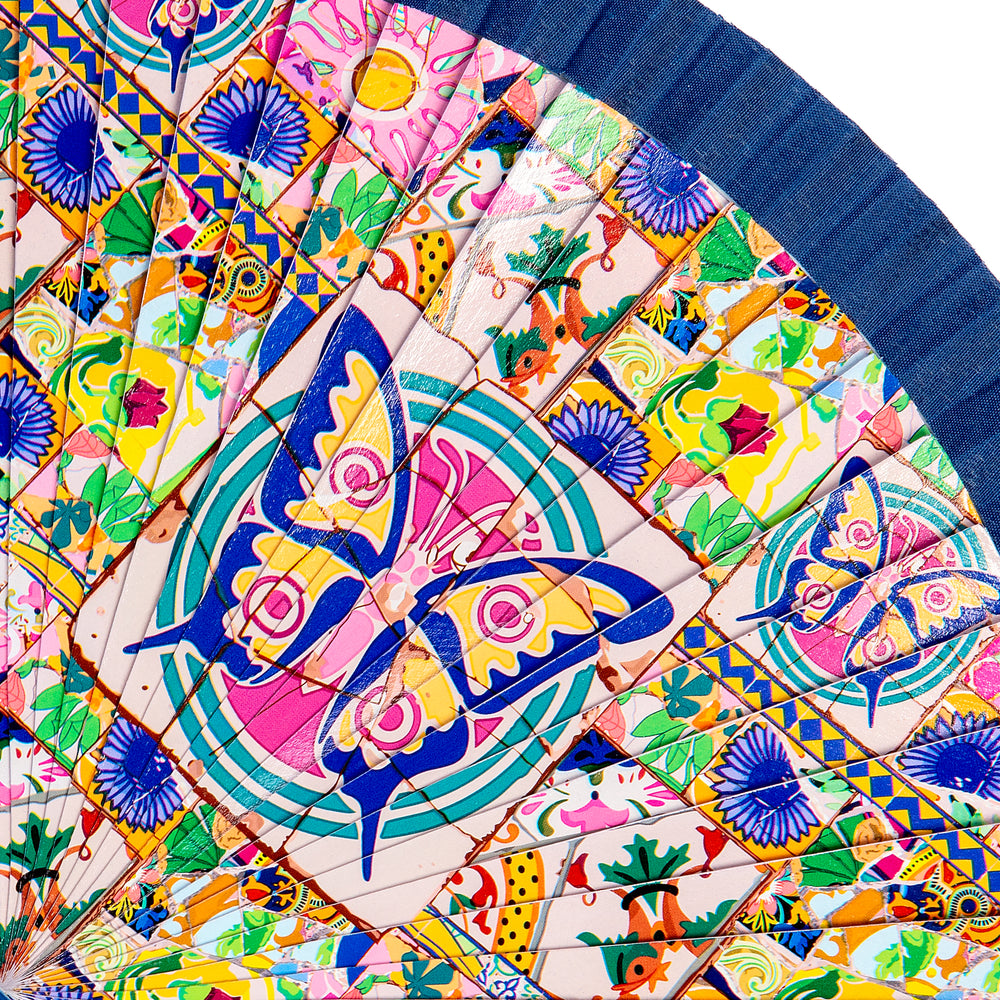 JAVIER Mosaicos - Abanico de 23 cm con Varillas de Madera Estampada y Tela