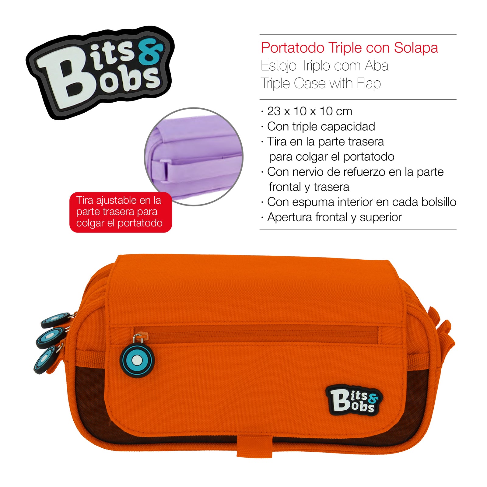 ColePack BitsBobs - Estuche Triple de 3 Cremalleras con Material Escolar Incluido. Naranja