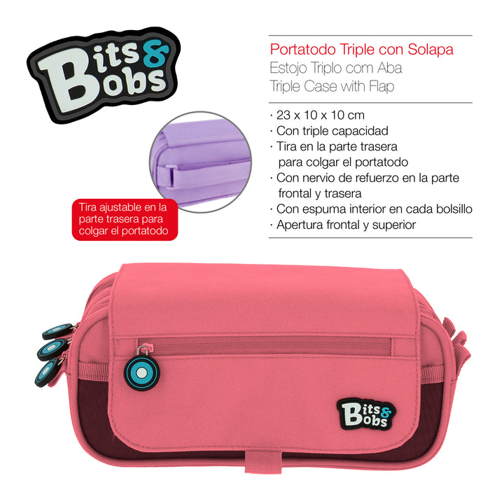 ColePack BitsBobs - Estuche Triple de 3 Cremalleras con Material Escolar Incluido. Rosa Claro